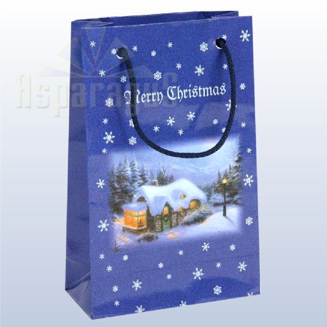 PAPER BAG WITH HANDLES LAMINATED 5X11X17CM/BLUE/CHRISTMAS