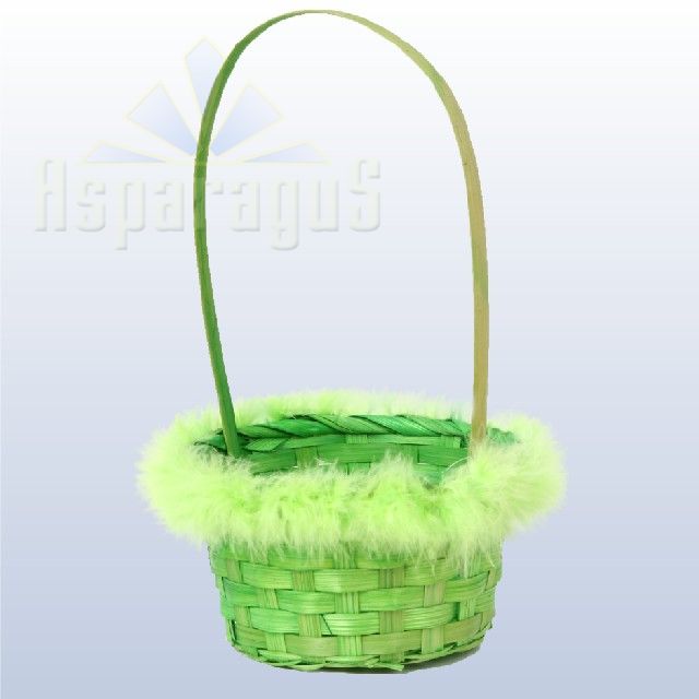 BAMBOO BASKET WITH FEATHER AND HANDLE / LIGHT GREEN